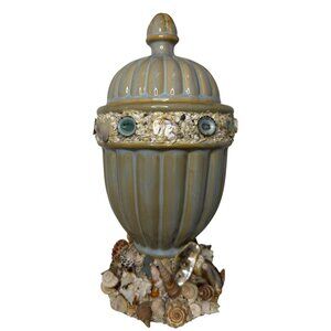 Coastal-Inspired Ceramic Lidded Urn Real Seashell Details Green w/Blue Glaze 12"
